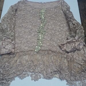 Women's Taupe Lace Blouse with Sequin Trim